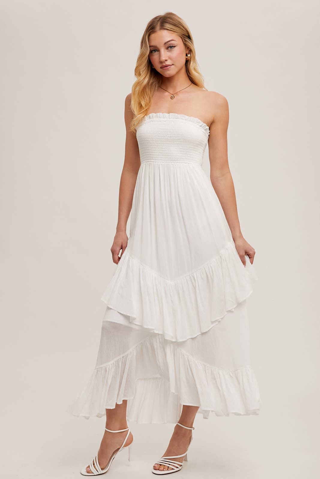 BOHO SMOCKED STRAPLESS TIERED RUFFLE MIDI DRESS