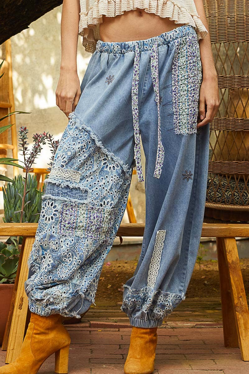 POL Floral print patchwork twill joger pants