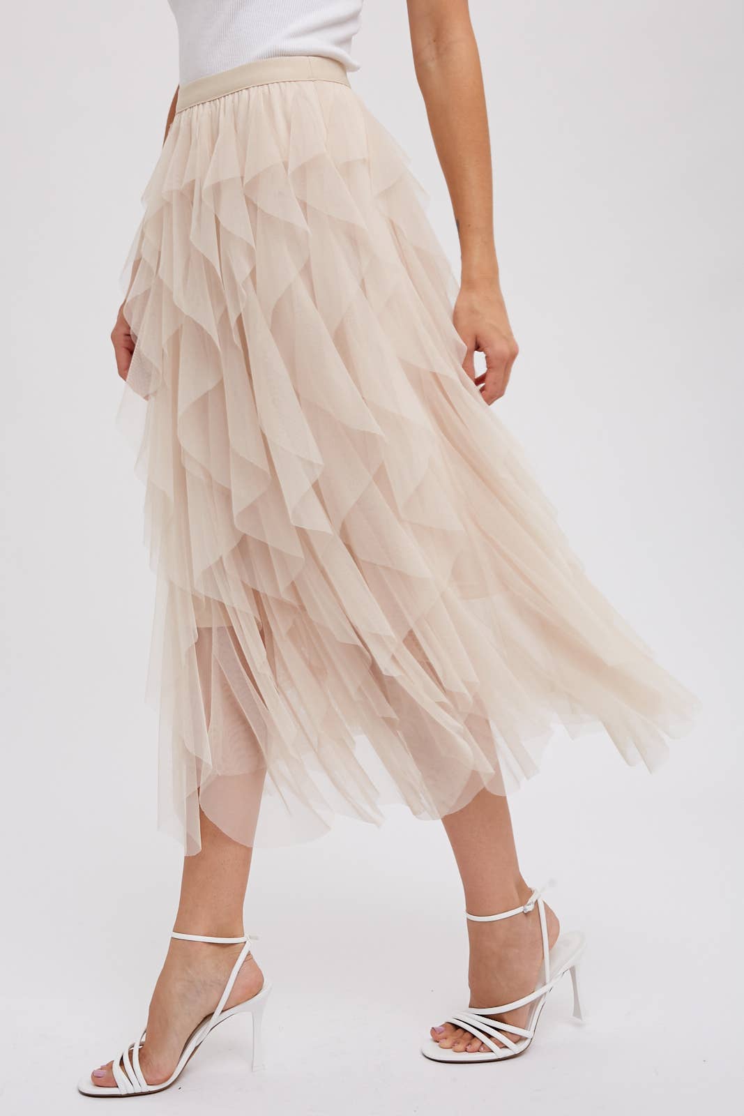 BluIvy SPIRIAL RUFFLED TULLE MIDI SKIRT