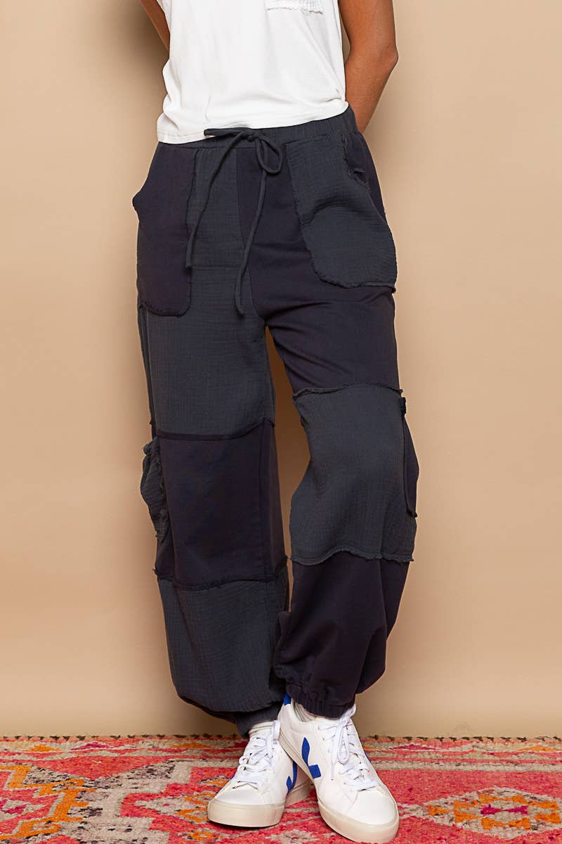 Contrast gauze open cargo pockets elastic waist joggers