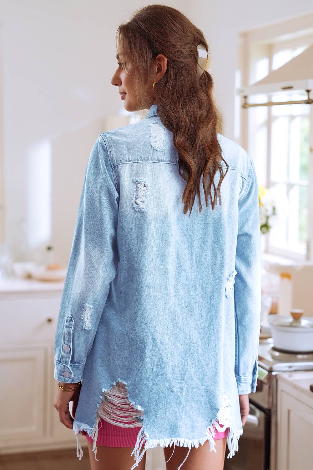 Light Wash Distressed Frayed Long Denim Jacket