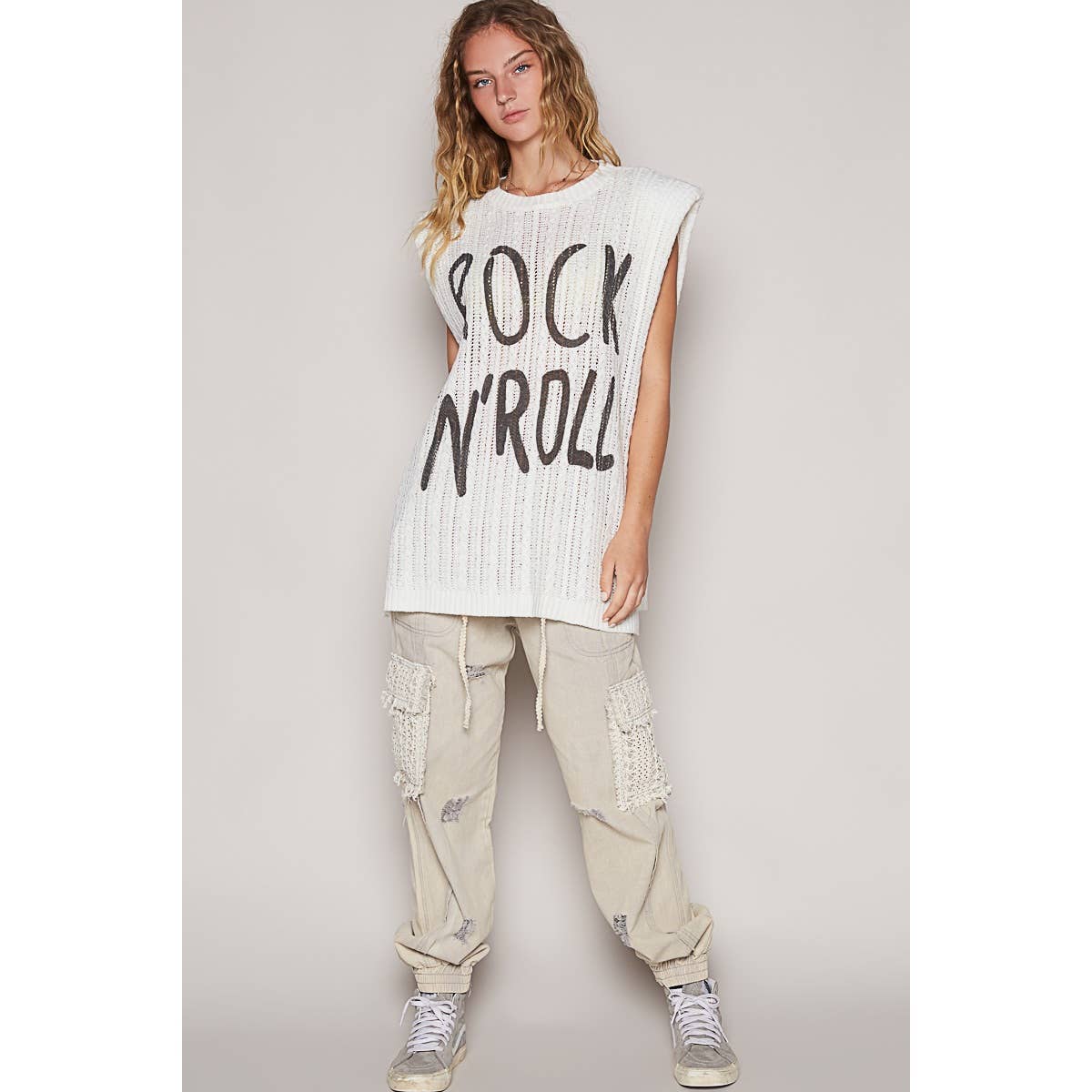 Graphic lettering round sleeveless top