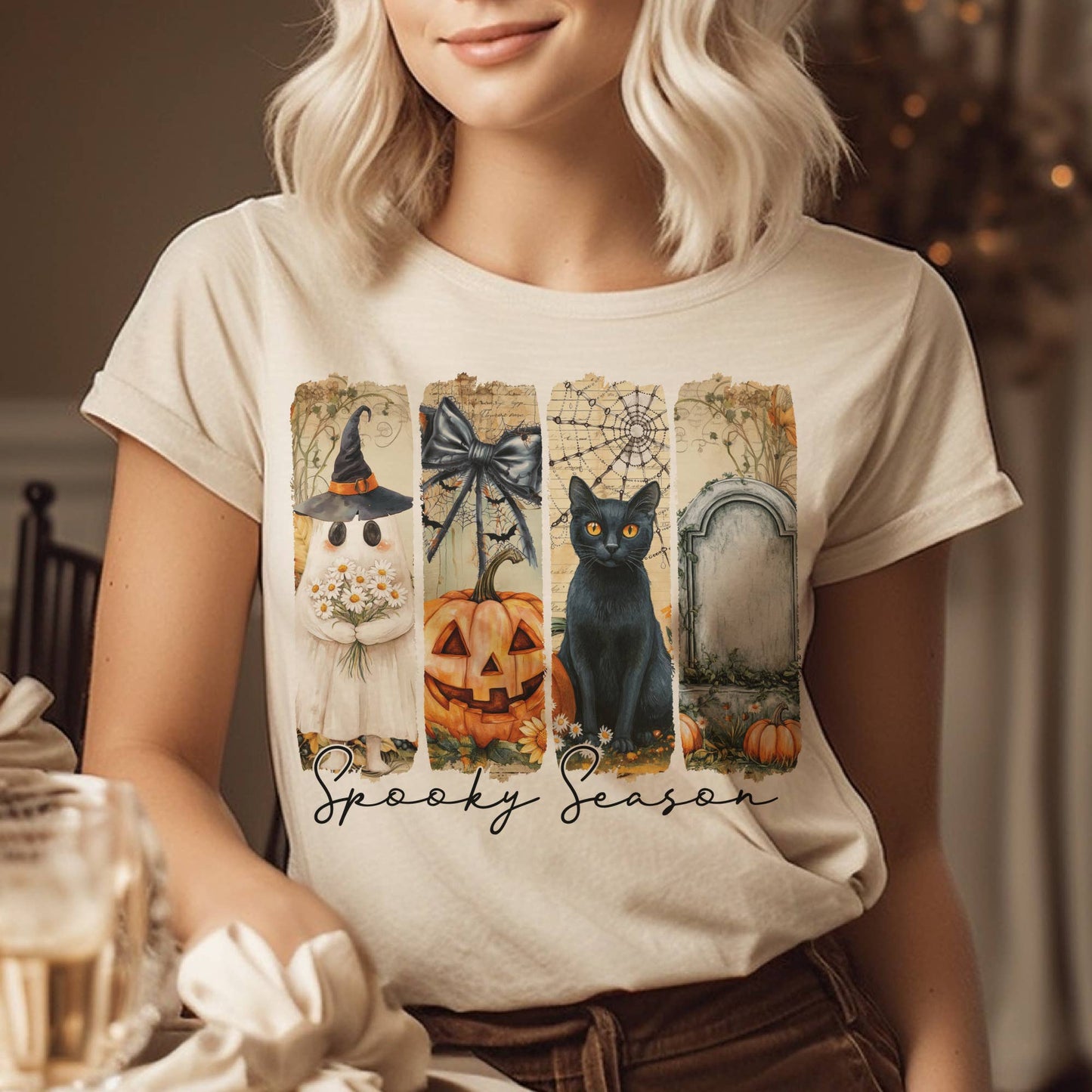 Halloween Spooky Season Black Cat Pumpkin Panel Graphic Tee