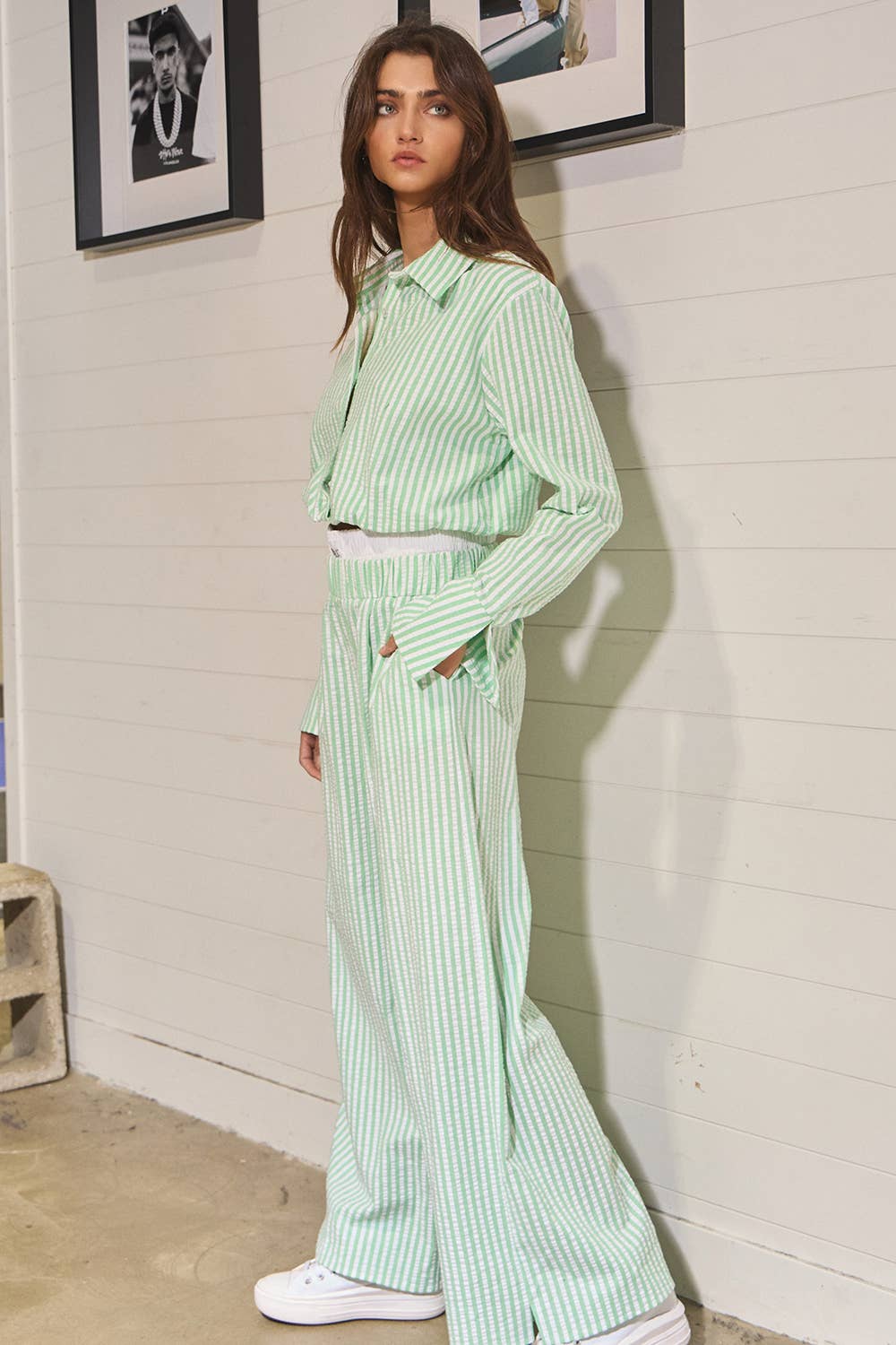 Striped Seersucker Double Banded Exposed Boxer Pants