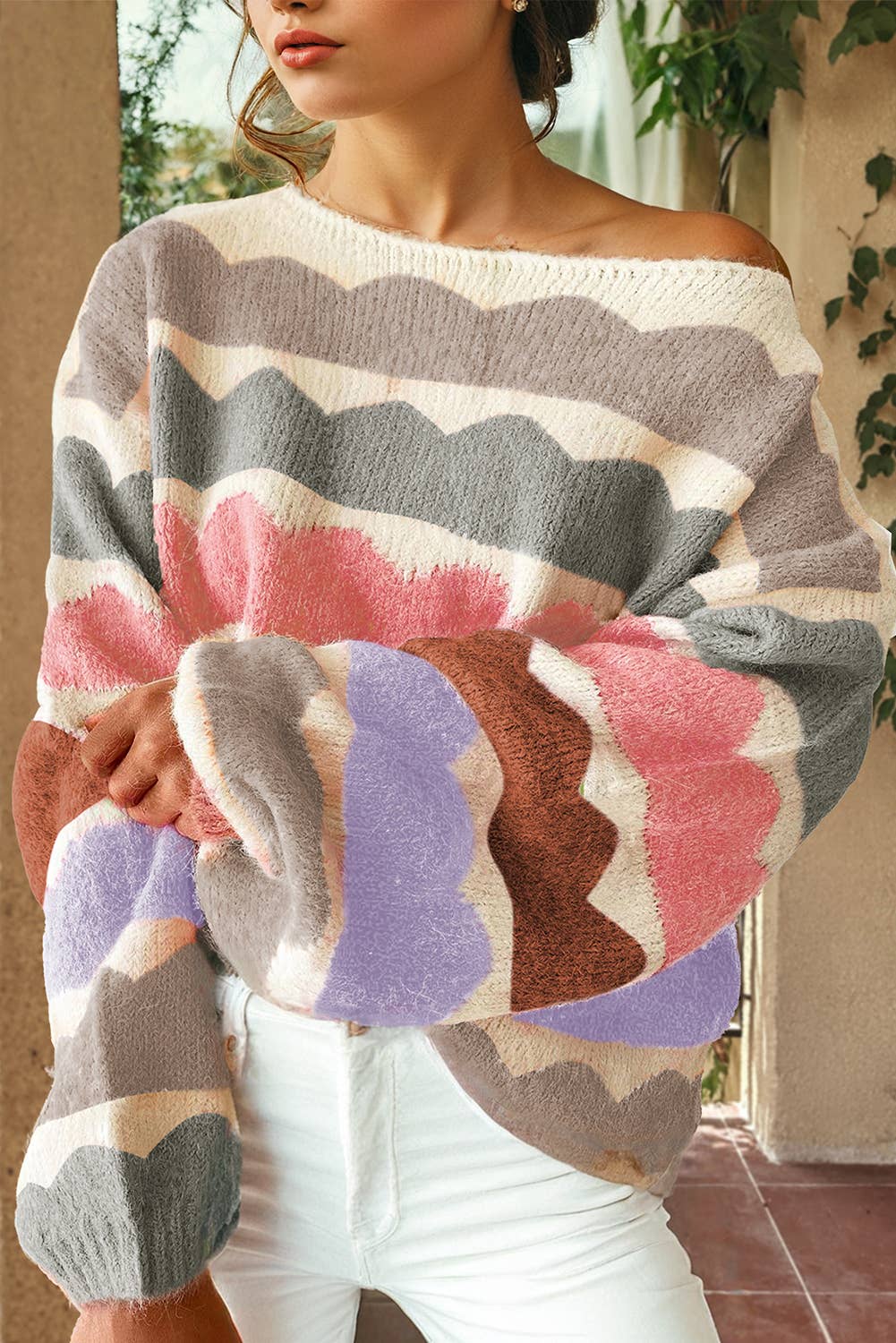 Wave Striped Balloon Sleeve Drop Shoulder Sweater