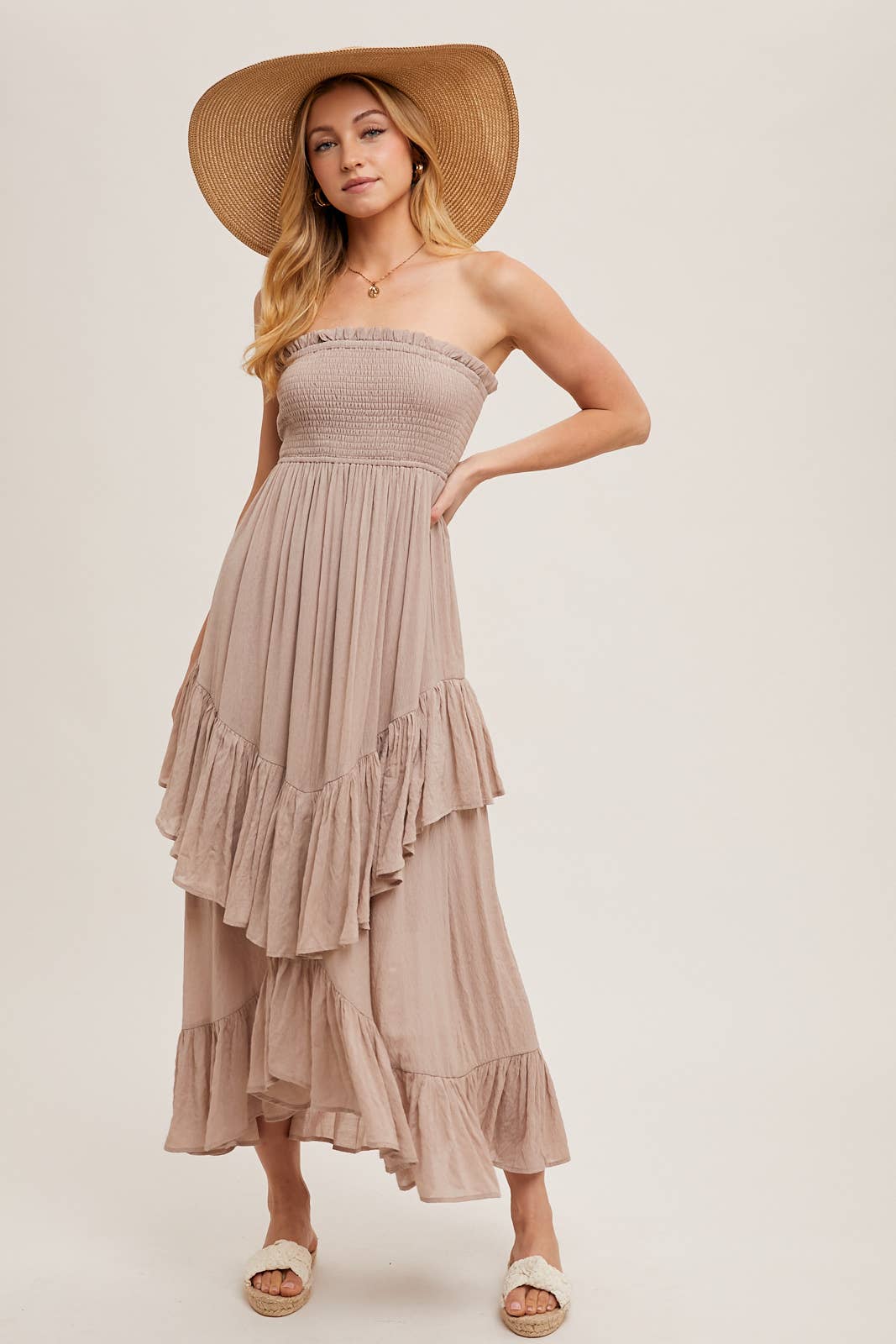 BOHO SMOCKED STRAPLESS TIERED RUFFLE MIDI DRESS