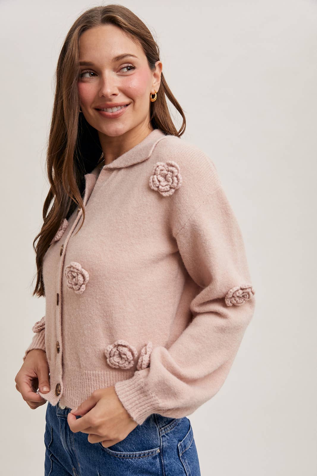 BLUIVY FLORAL EMBROIDERY BUTTON DOWN COLLAR KNIT CARDIGAN
