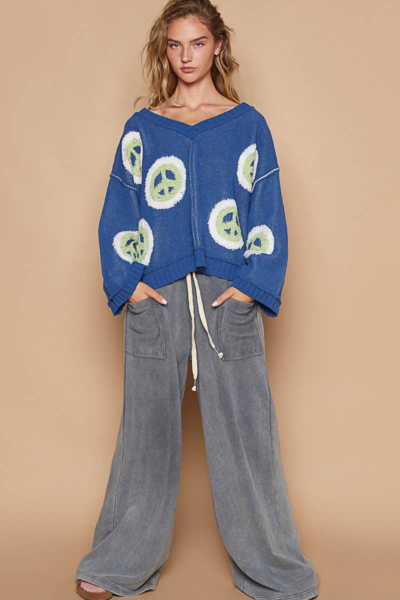 V neck long sleeve peace berber print sweater