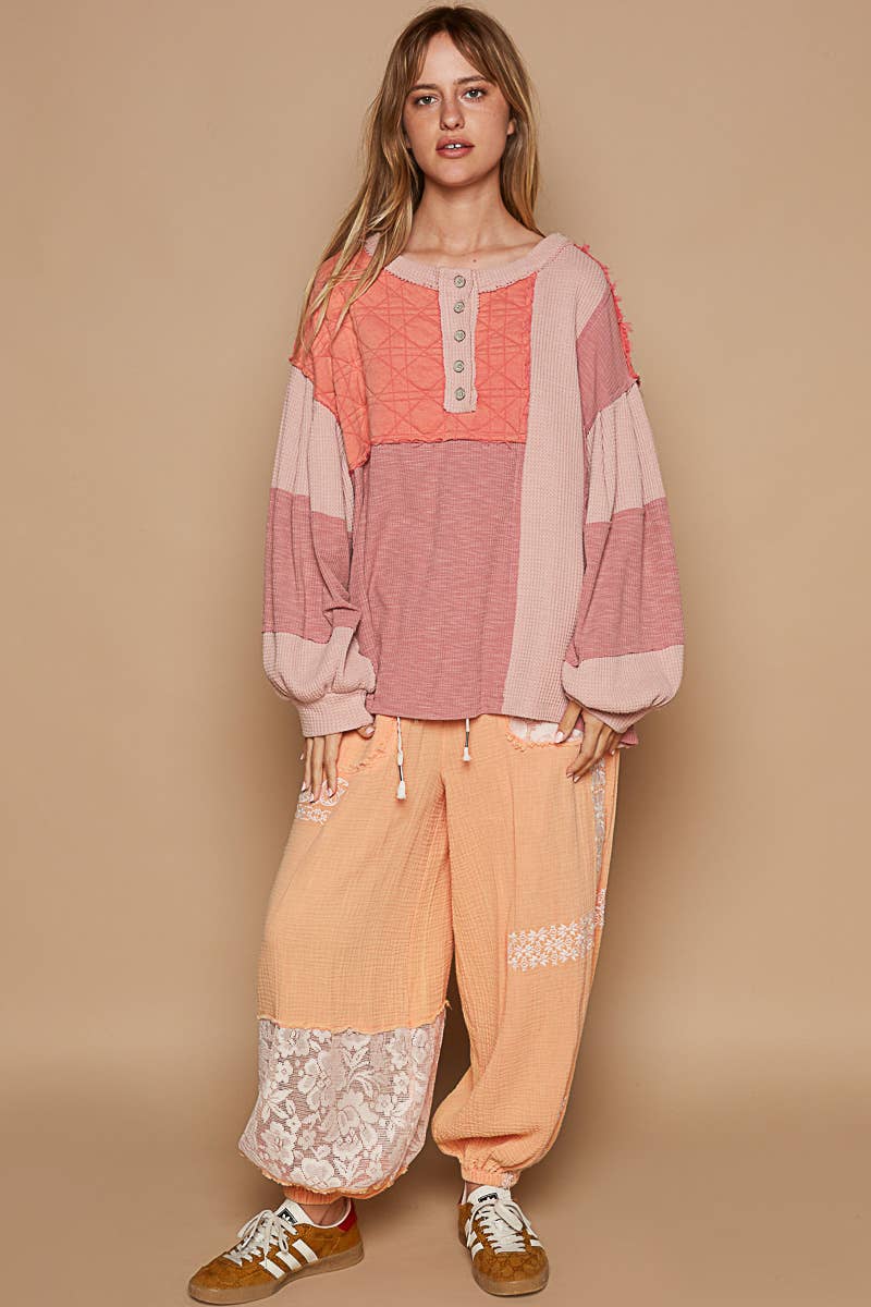 Round Neck Balloon Sleeve Thermal Contrast Knit Top