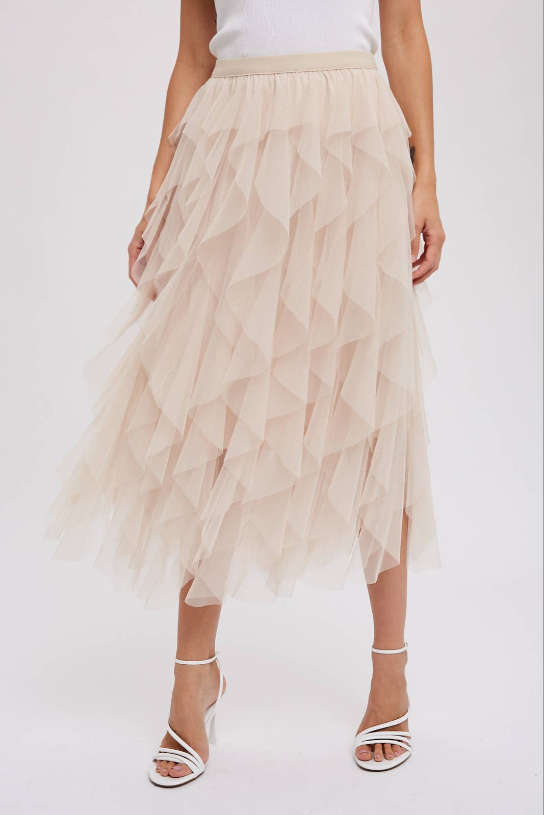 BluIvy SPIRIAL RUFFLED TULLE MIDI SKIRT