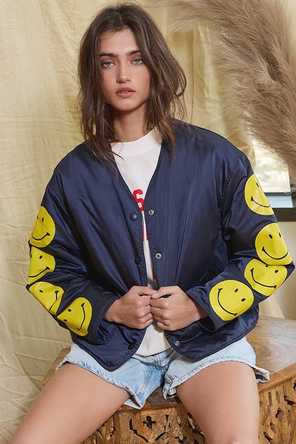 IJ3134 Puffer Jacket With Smiley Face Sleeve Details