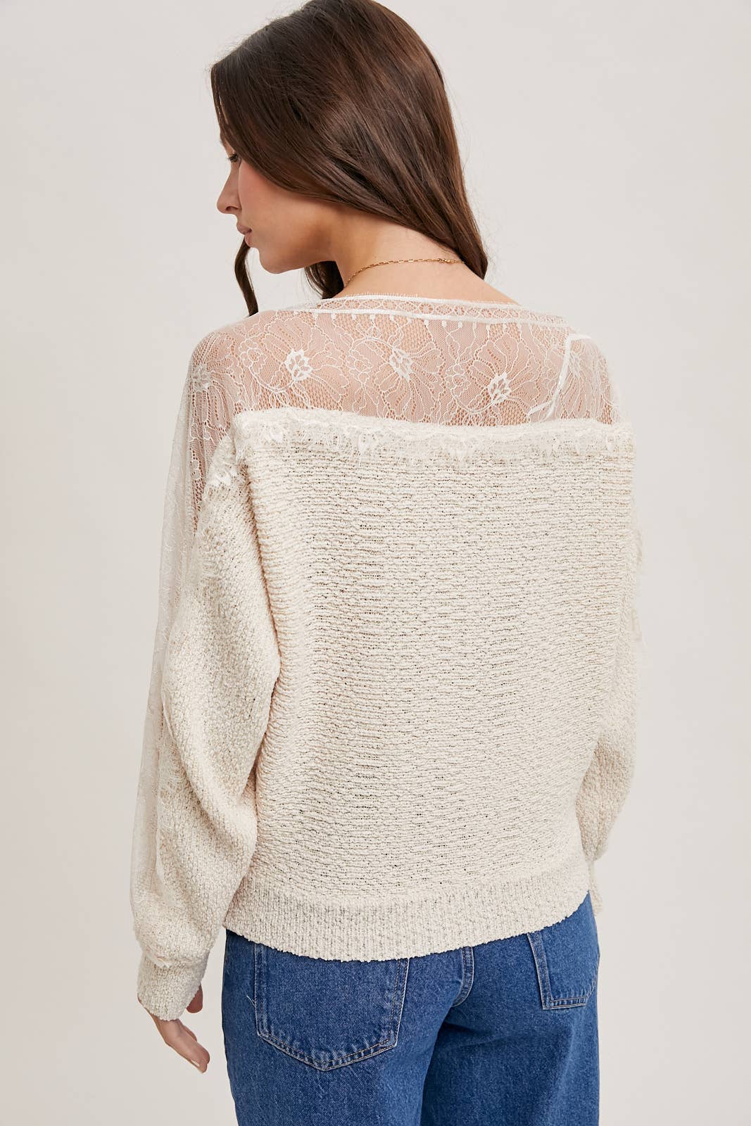 BOAT NECK LACE TRIMMED KNIT SWEATER