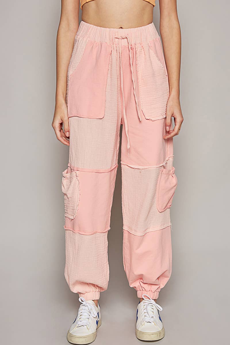 Contrast gauze open cargo pockets elastic waist joggers