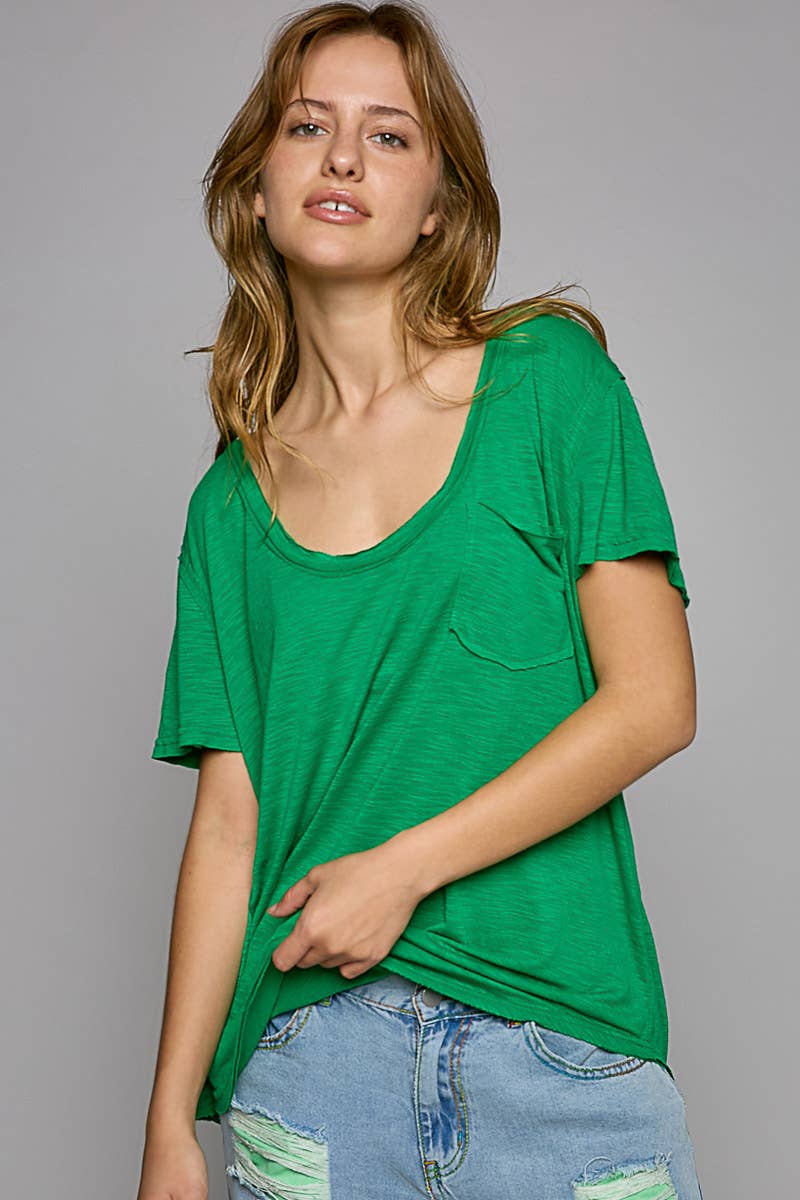 POL Scoop Neck Rayon Slub Tee with Pocket Front and Short Sleeve