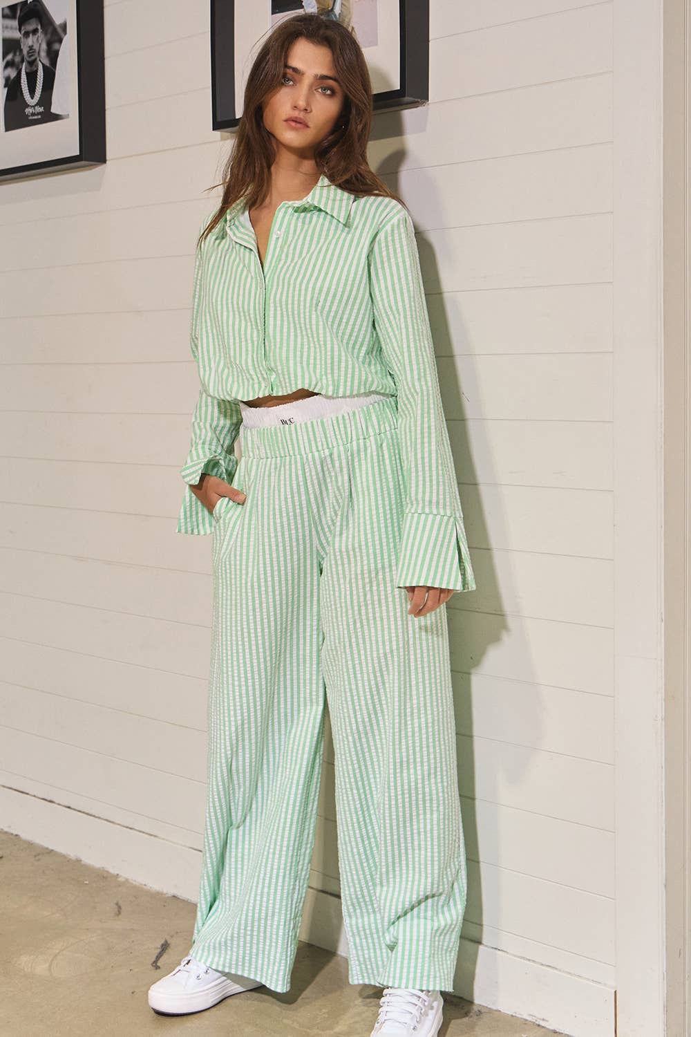 Striped Seersucker Double Banded Exposed Boxer Pants