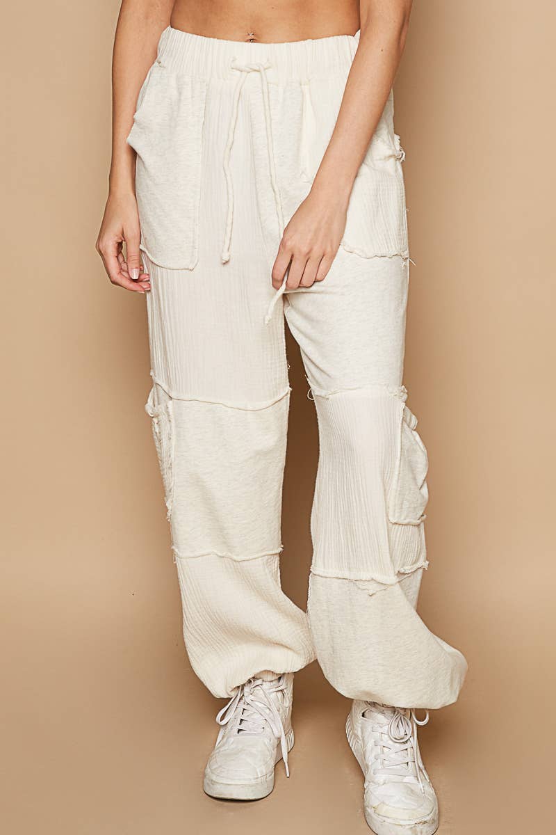 Contrast gauze open cargo pockets elastic waist joggers