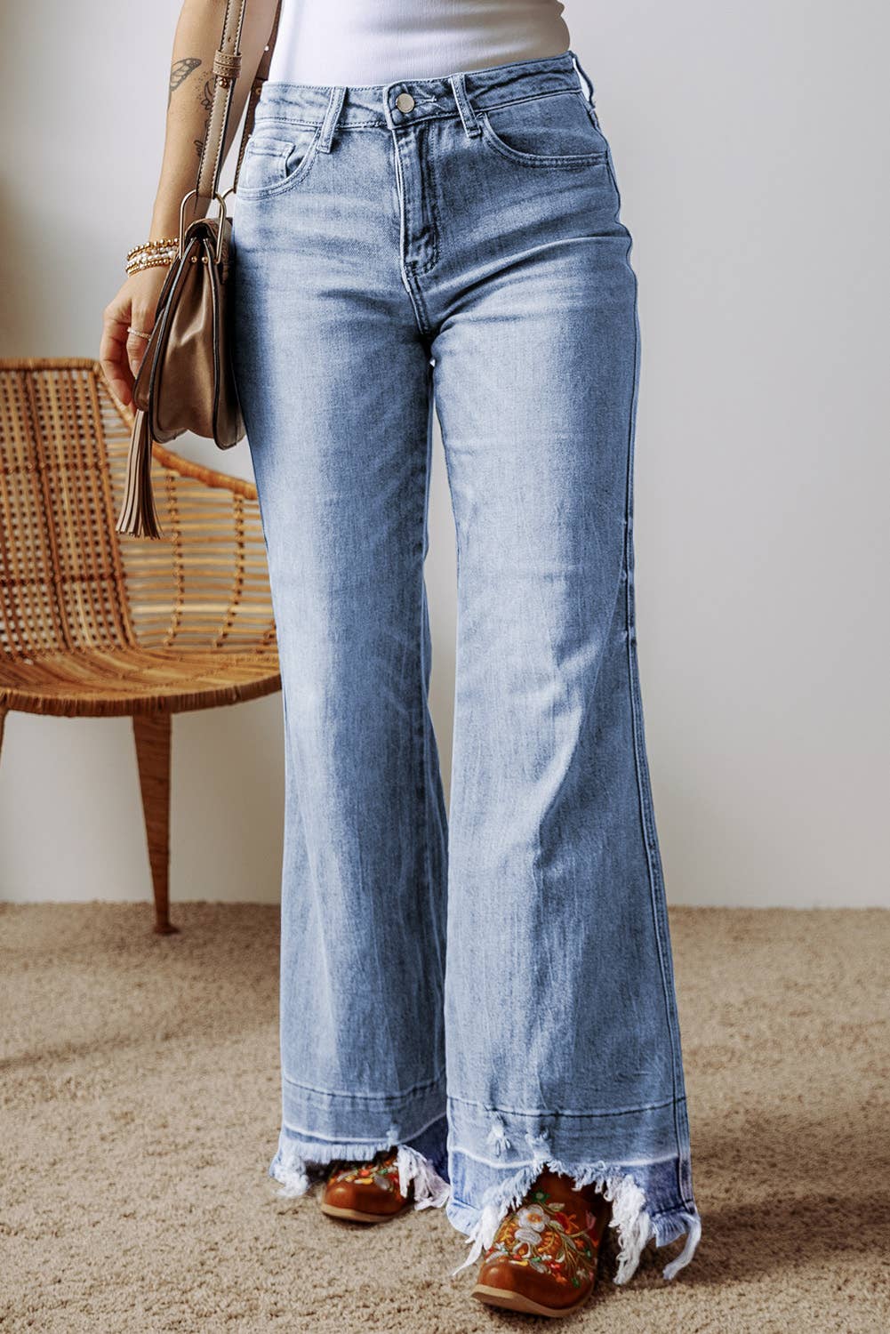 Acid Wash Raw Hem High Waist Flared Jeans