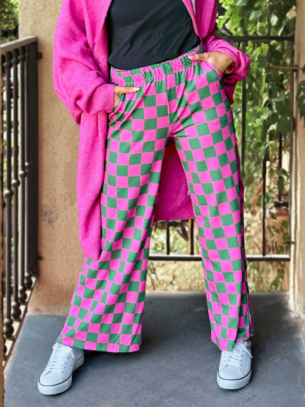 PINK/WHT Checked Print Wide Leg Pants