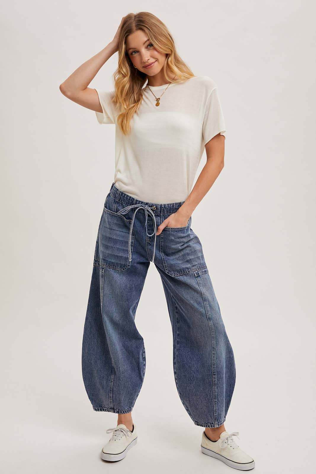 Bluivy DENIM MID-WAIST DRAWSTRINGS BARREL JEANS