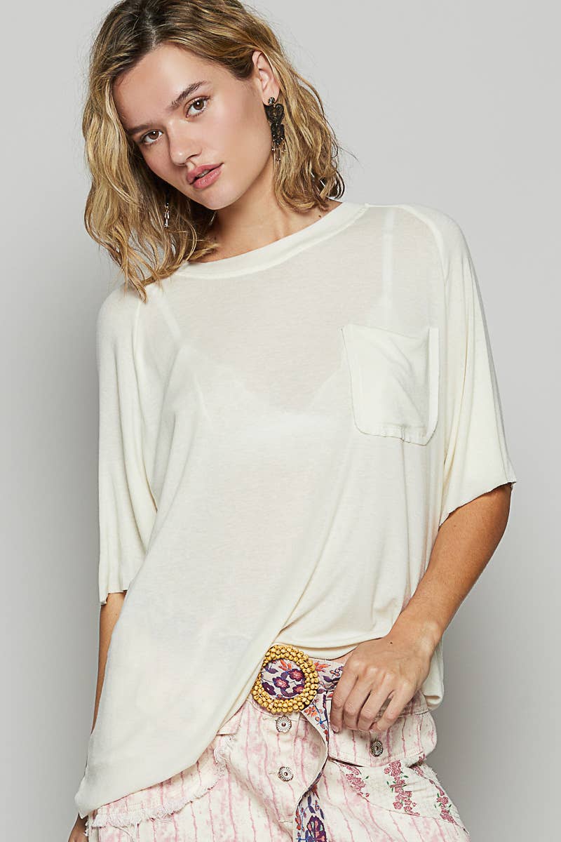 Vintage washed short sleeve front pocket solid top