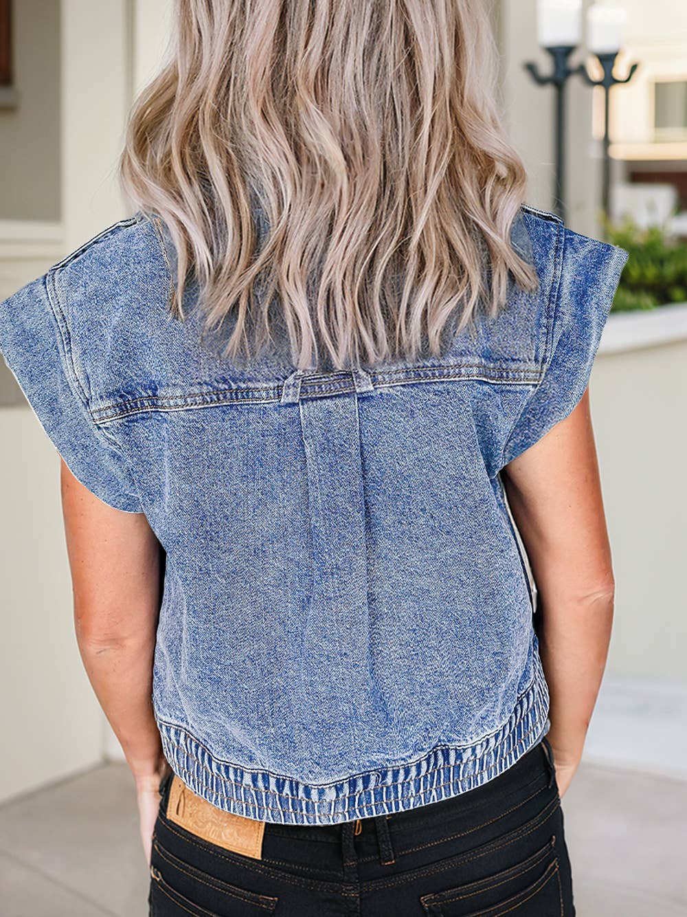 Acid Wash Elastic Hem Button Up Denim Vest