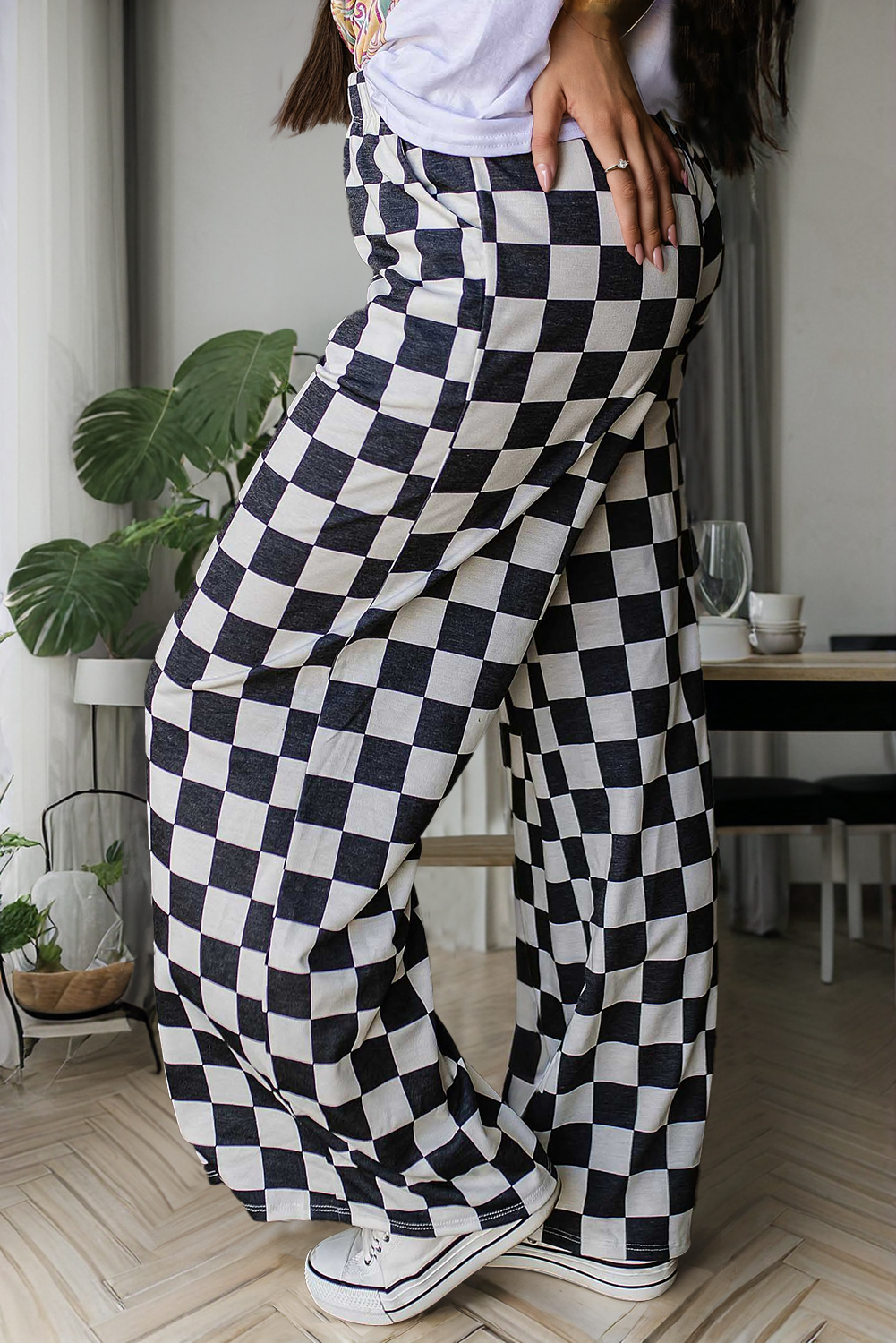 PINK/WHT Checked Print Wide Leg Pants