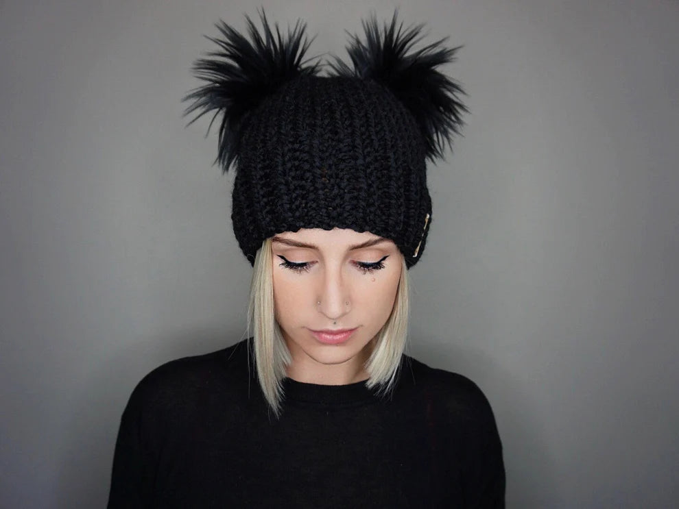 The Double Pom Beanie-BLACK
