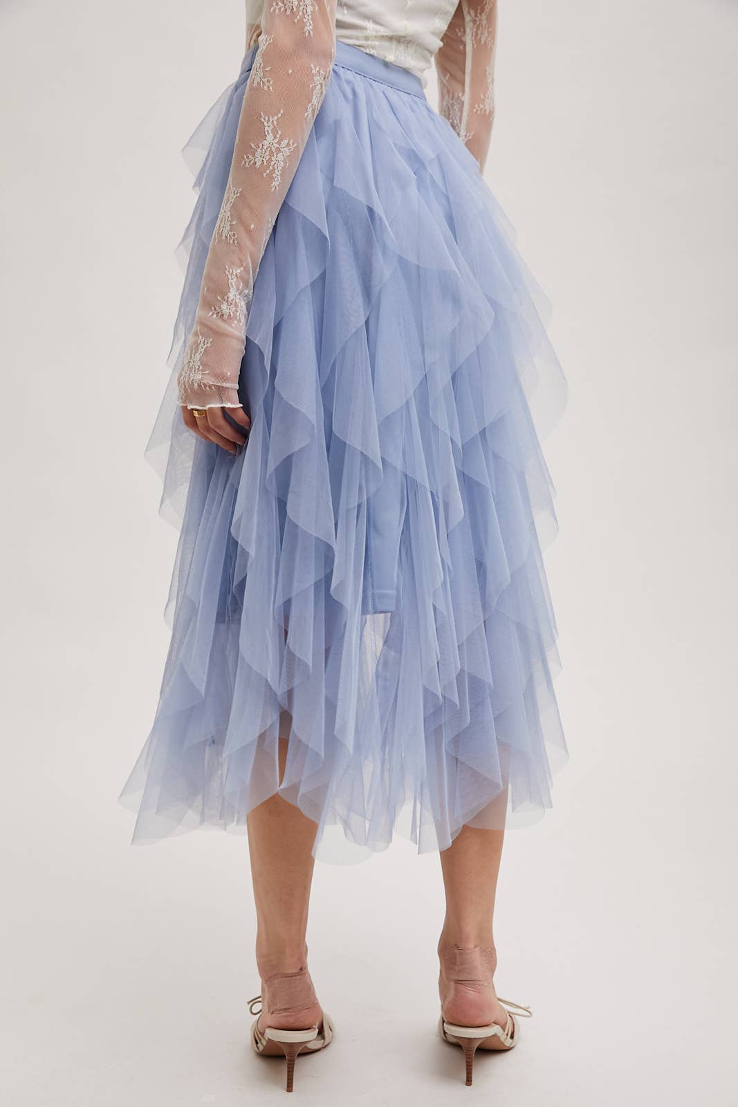 BluIvy SPIRIAL RUFFLED TULLE MIDI SKIRT