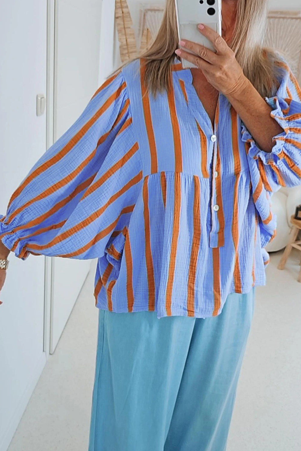 Sky Blue Stripe Crinkled Ruffled Sleeve Button Up Loose Shirt