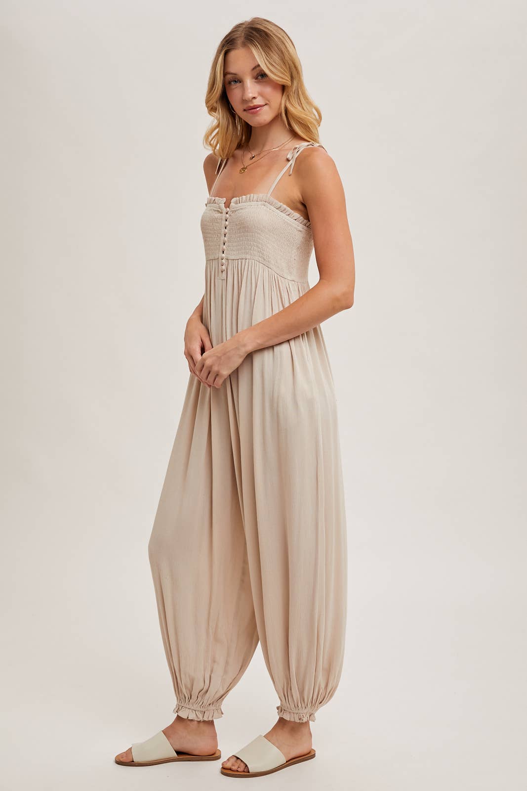 GAUZE SMOCKED BUTTON FRONT SHOULDER TIE JUMPSUIT