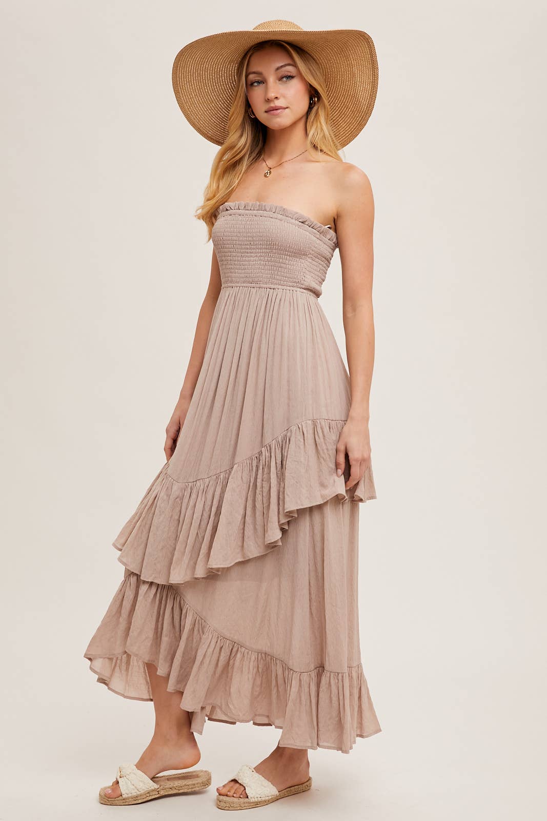BOHO SMOCKED STRAPLESS TIERED RUFFLE MIDI DRESS