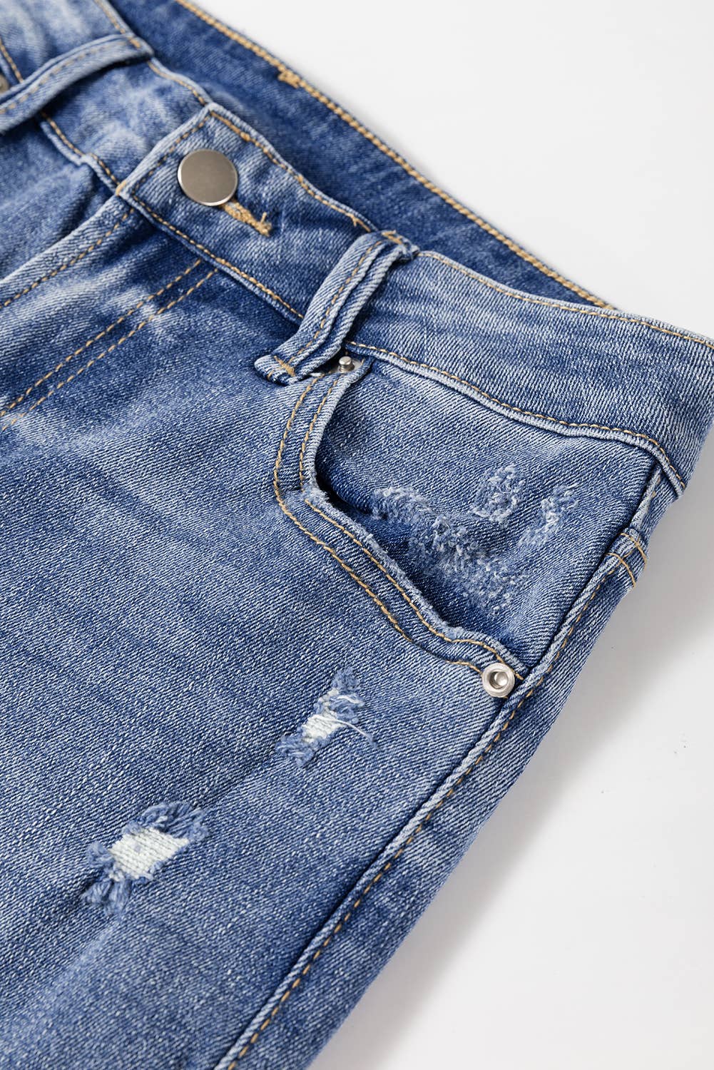 Blue Distressed Hem Straight Leg Denim Jeans