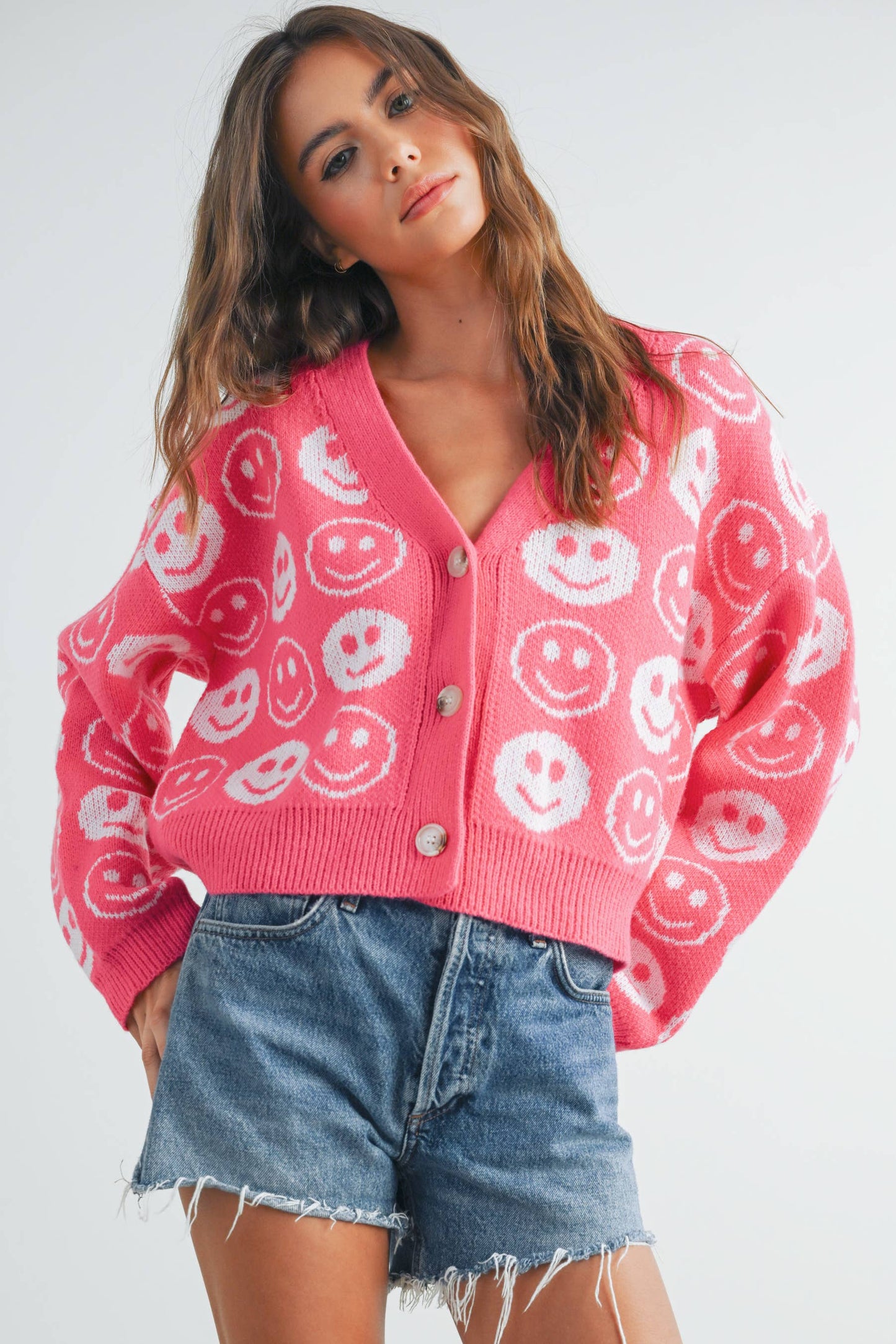 BMW7418 - SMILEY FACE RIBBED TRIM V-NECK CARDIGAN Blue