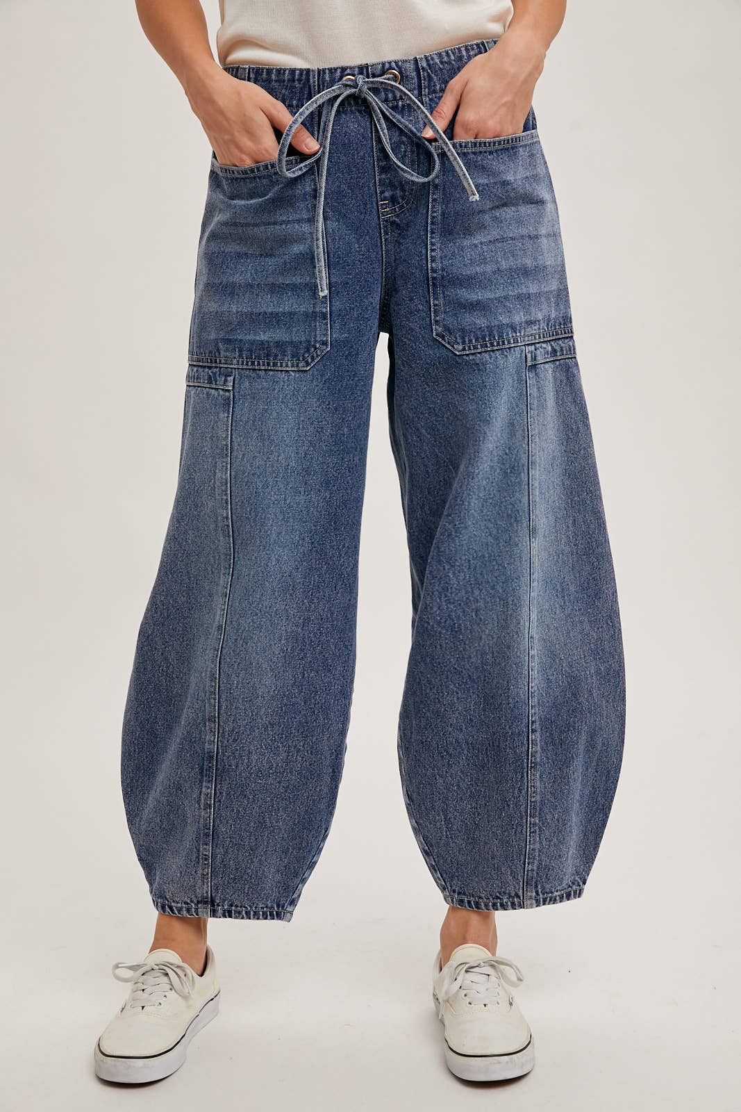 Bluivy DENIM MID-WAIST DRAWSTRINGS BARREL JEANS