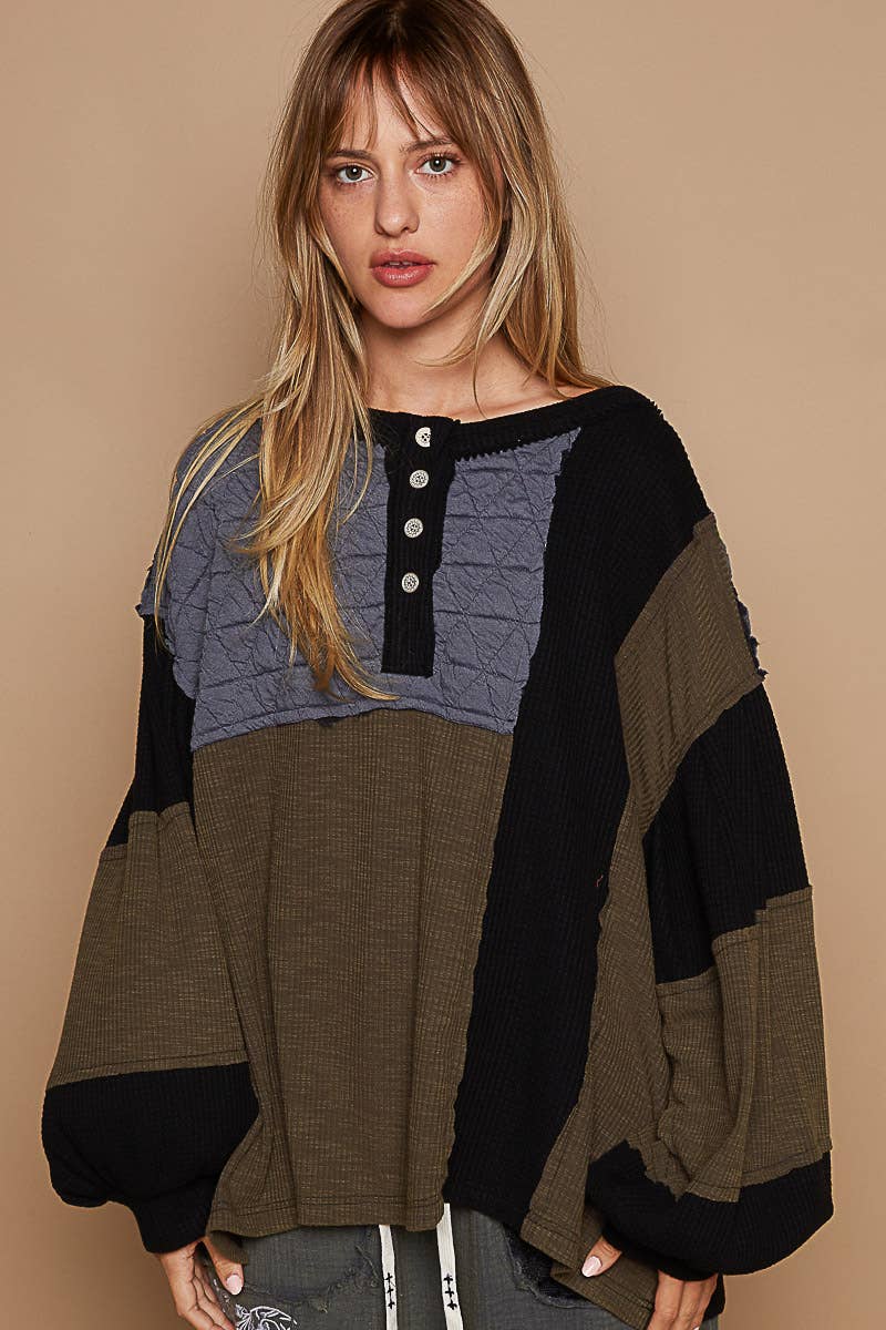 Round Neck Balloon Sleeve Thermal Contrast Knit Top
