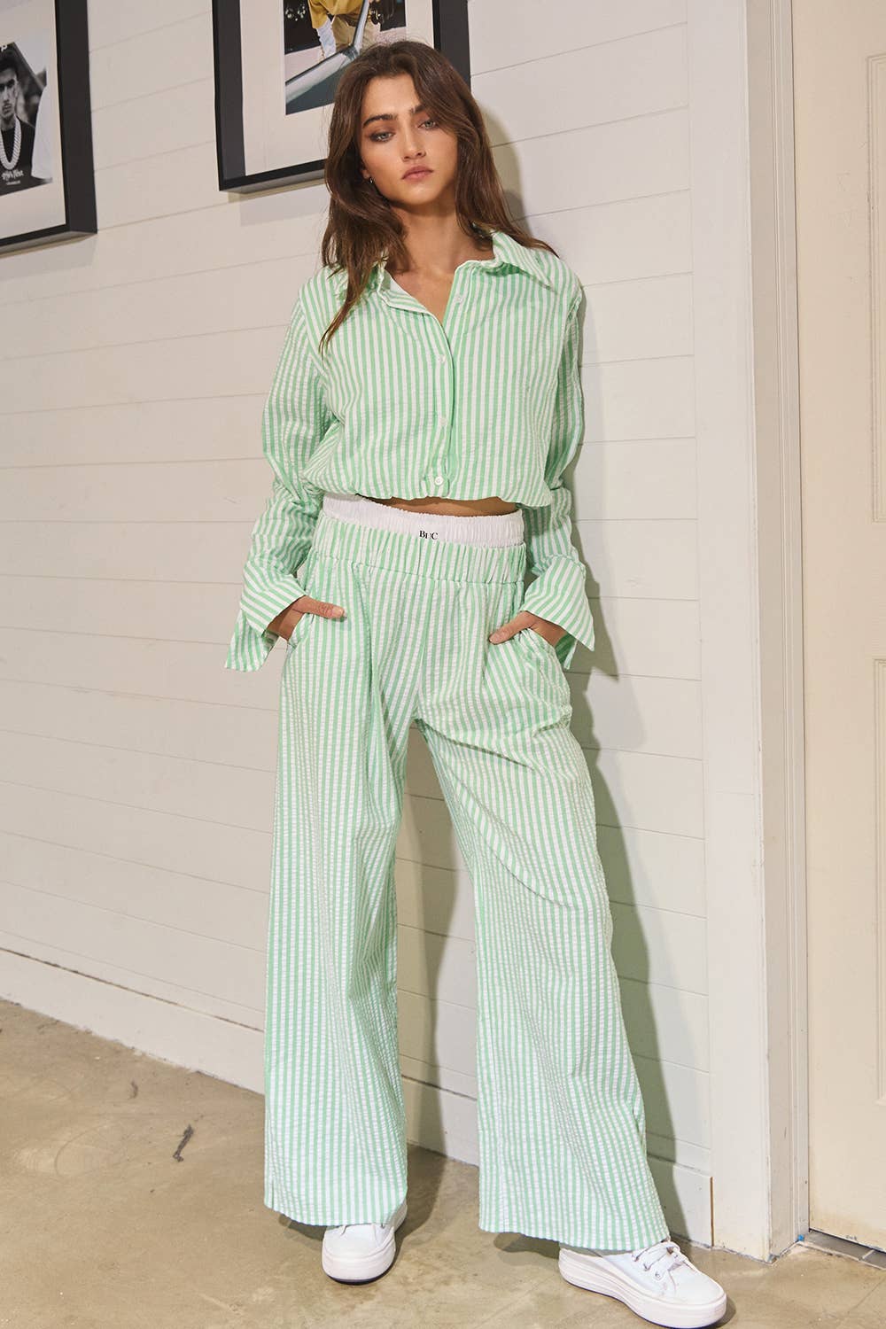 Striped Seersucker Double Banded Exposed Boxer Pants
