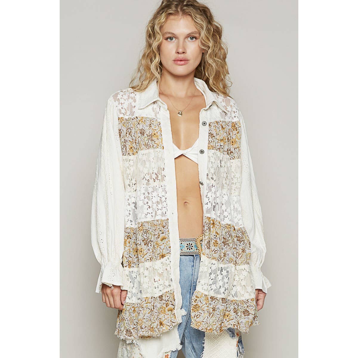 POL Balloon sleeve floral print lace patch shirt dress