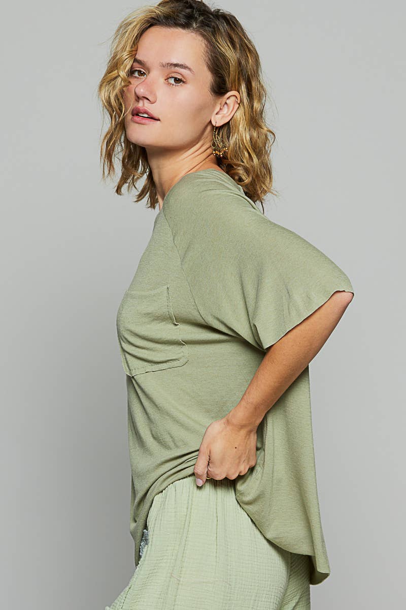 Vintage washed short sleeve front pocket solid top
