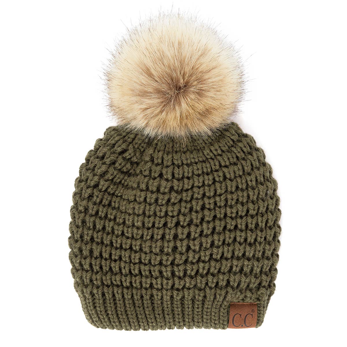 CC Cable Knit Faux Fur Pom Pom Beanie Hat
