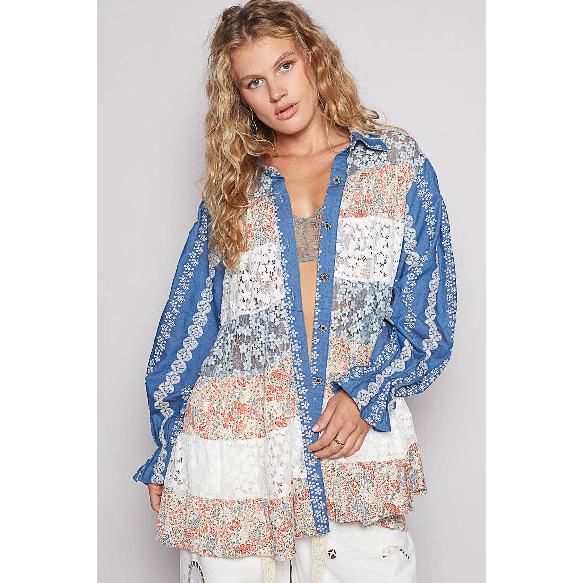 POL Balloon sleeve floral print lace patch shirt dress