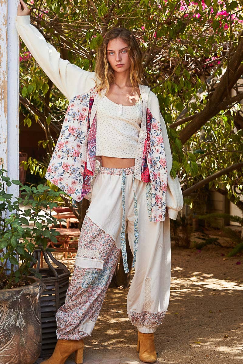 POL Floral print patchwork twill joger pants