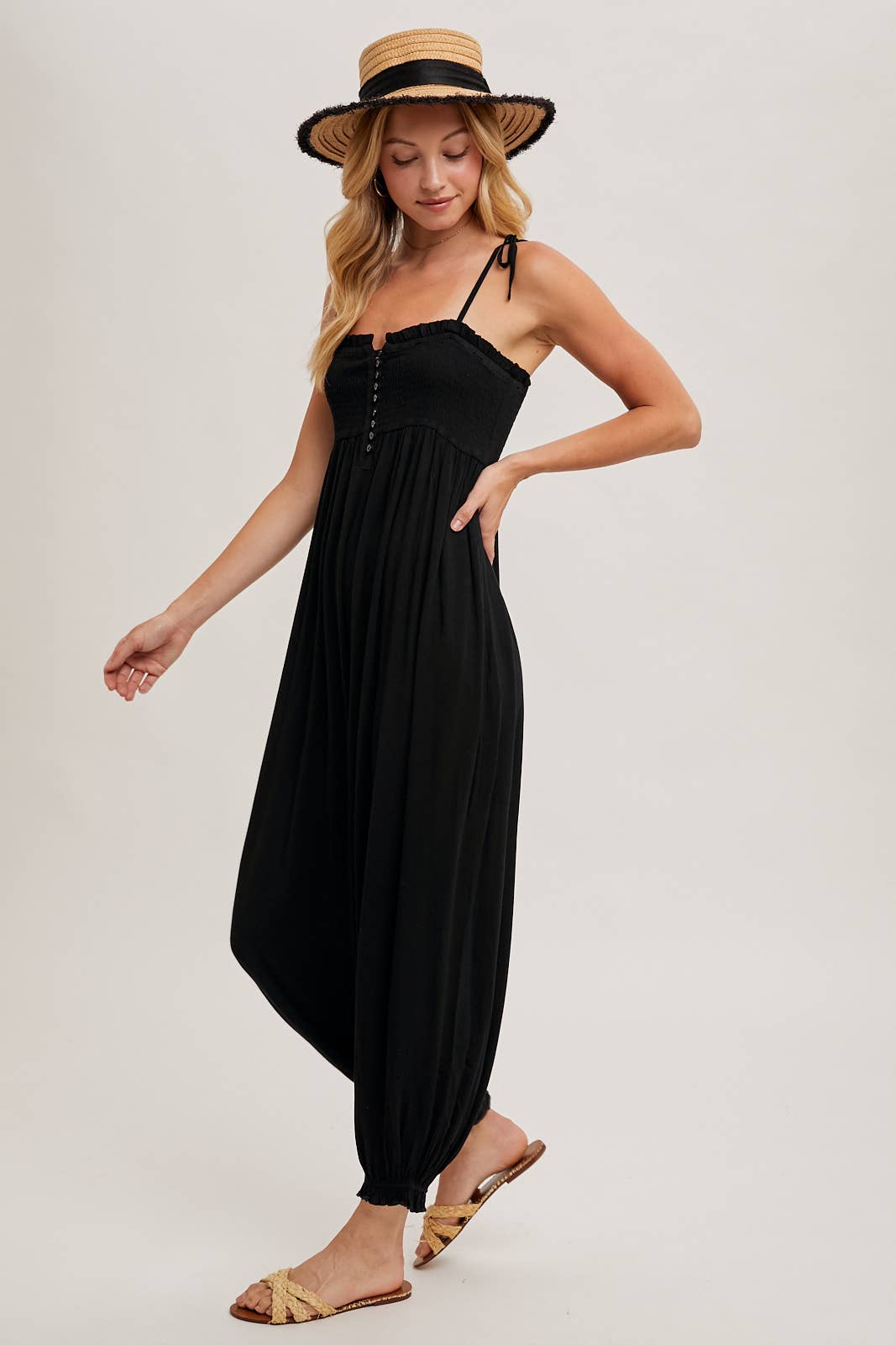 GAUZE SMOCKED BUTTON FRONT SHOULDER TIE JUMPSUIT