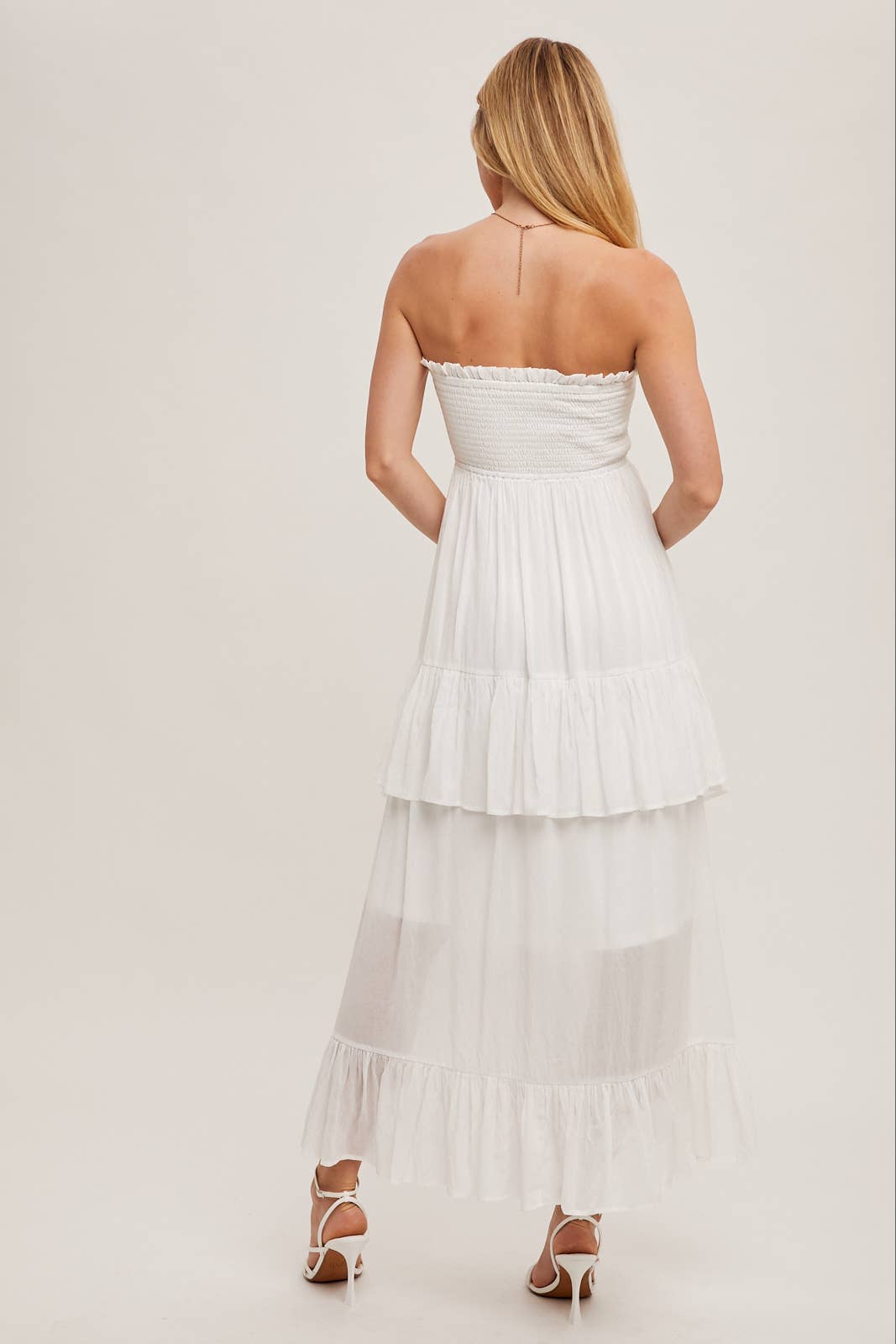 BOHO SMOCKED STRAPLESS TIERED RUFFLE MIDI DRESS
