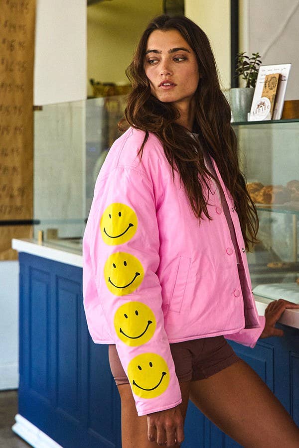 IJ3134 Puffer Jacket With Smiley Face Sleeve Details