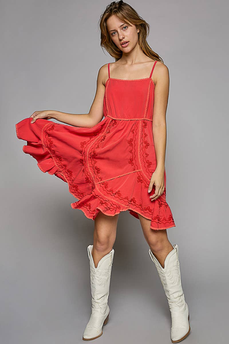 POL embroidery back smocking mini dress