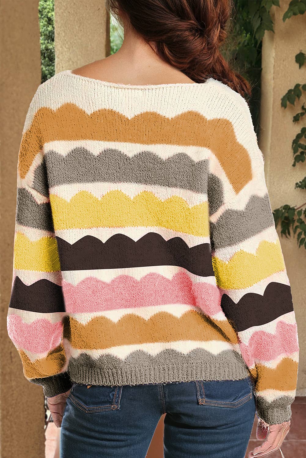 Wave Striped Balloon Sleeve Drop Shoulder Sweater