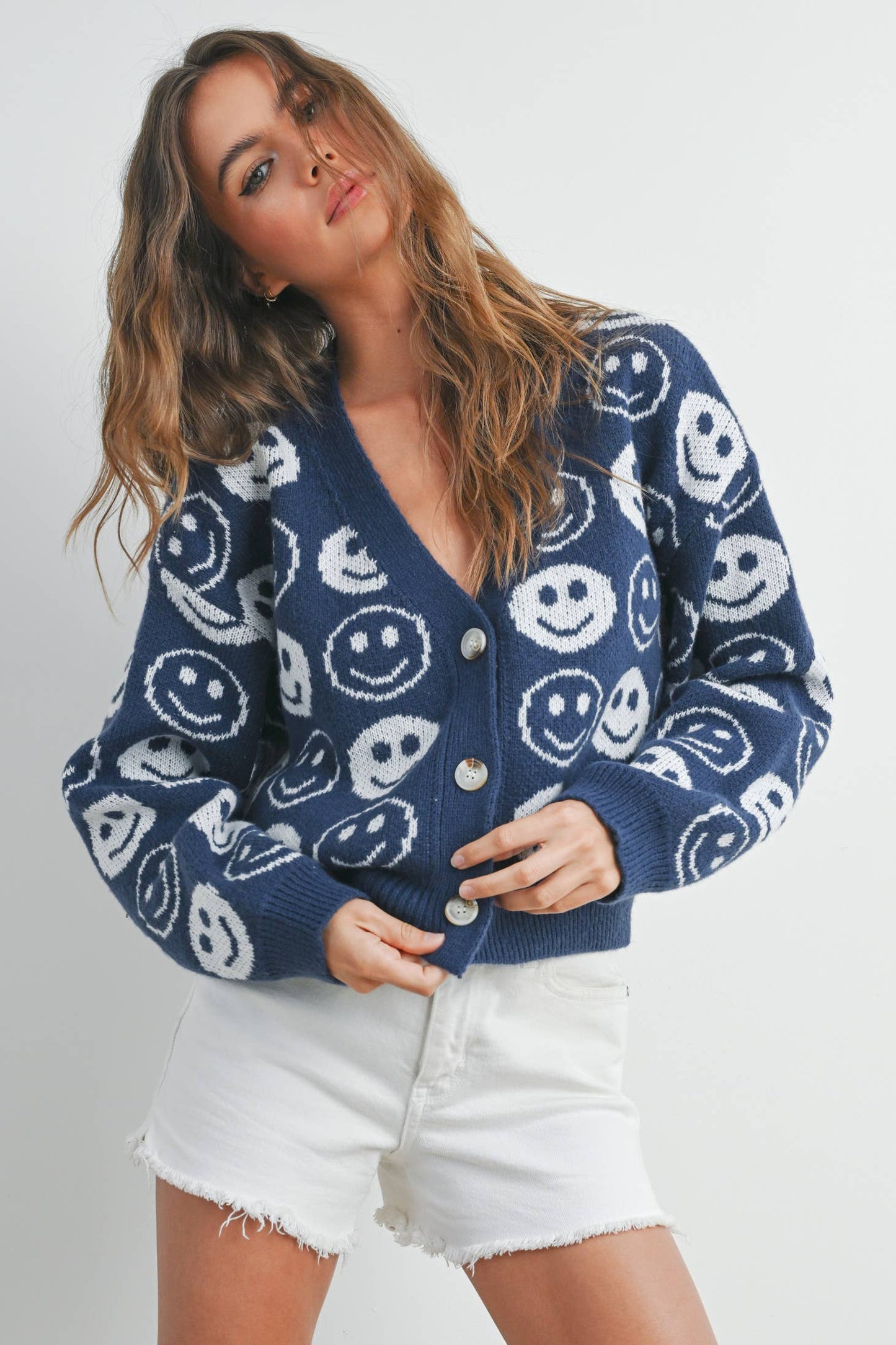 BMW7418 - SMILEY FACE RIBBED TRIM V-NECK CARDIGAN Blue