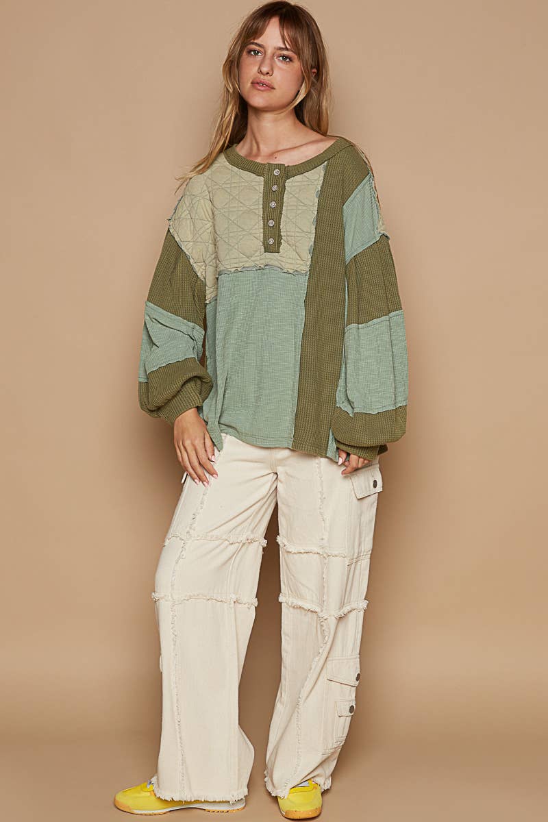 Round Neck Balloon Sleeve Thermal Contrast Knit Top