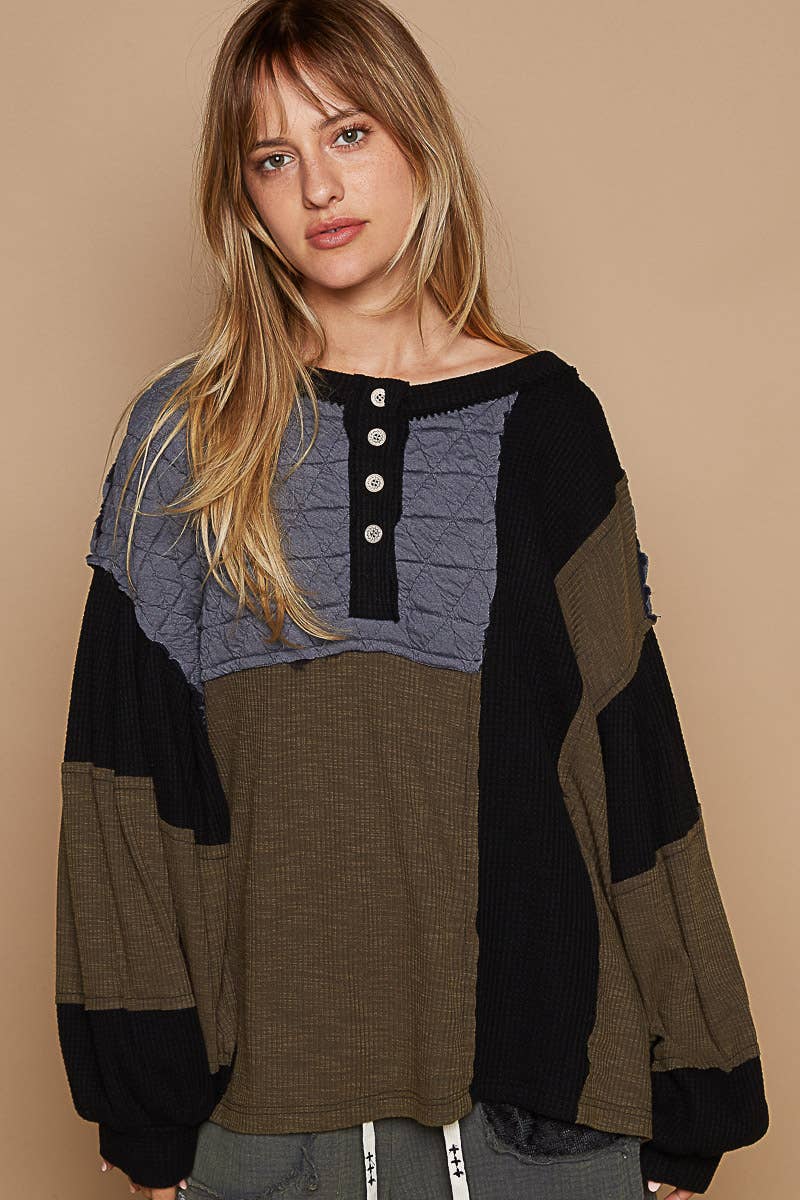 Round Neck Balloon Sleeve Thermal Contrast Knit Top
