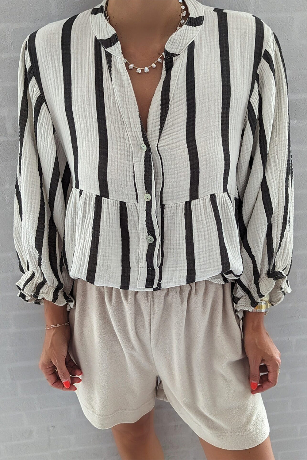 Sky Blue Stripe Crinkled Ruffled Sleeve Button Up Loose Shirt